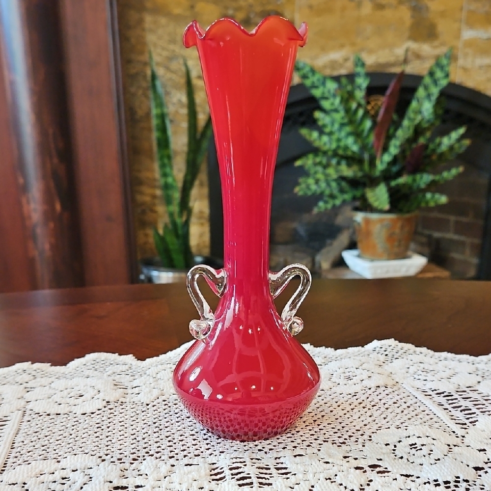 Vintage Murano Style Red Cased Art Glass Vase Ruffled Tulip Rim Double Handled